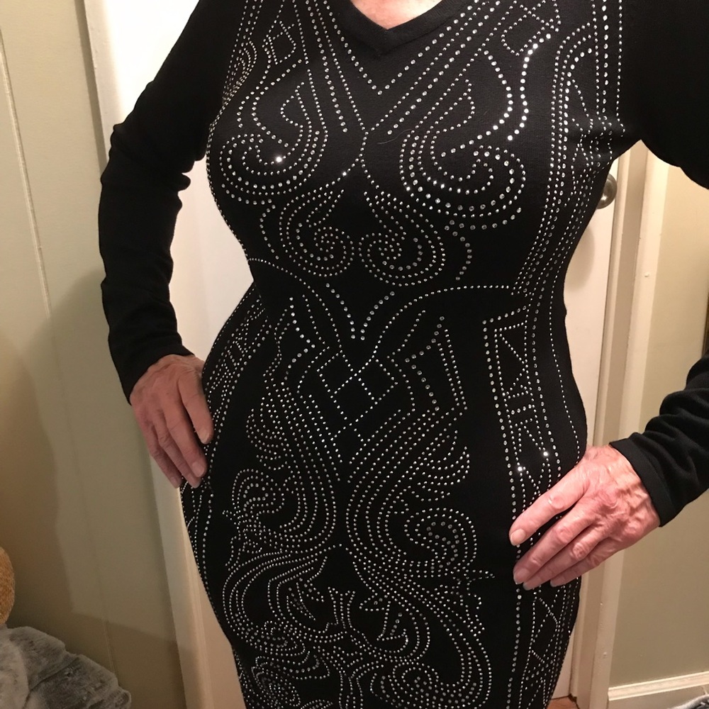 Little Black Dress, Black Rayon/Poly Clingy Long Sleeve V Neck Dress Size XL